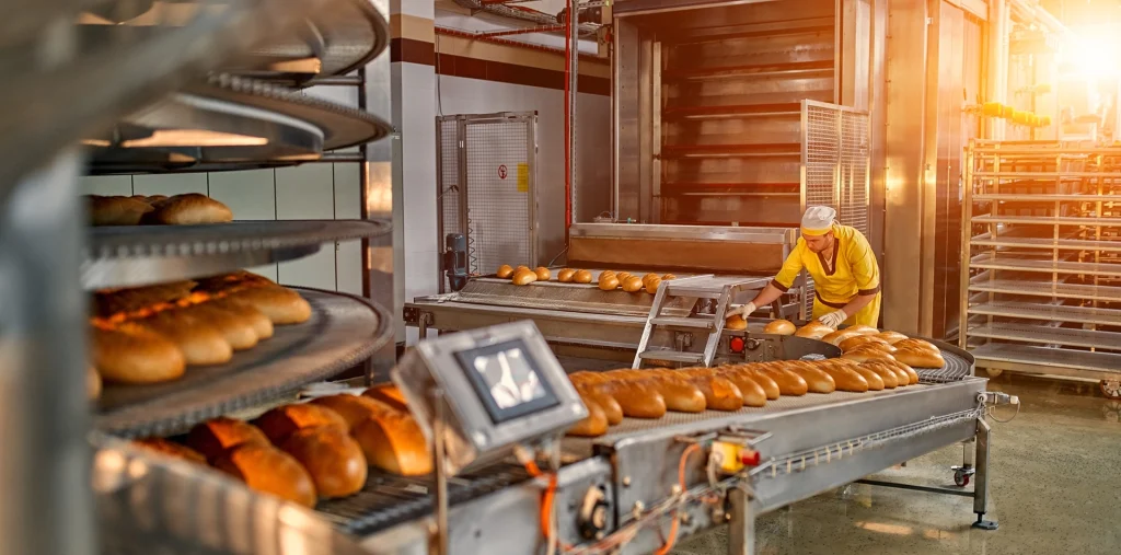 Image of bread being made on a production line.