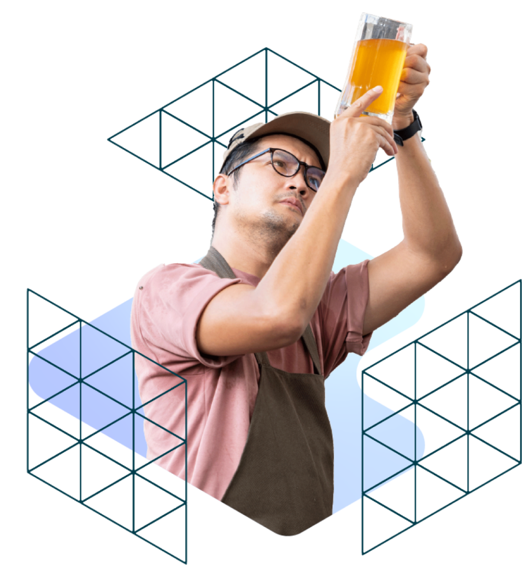 Graphic composition showing a brewer inspecting a glass of beer