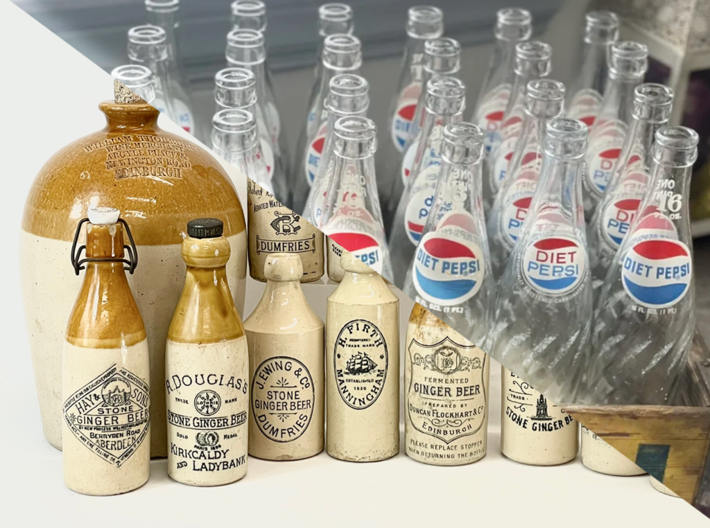 Photo on left: A large collection of vintage Scottish stoneware ginger beer bottles. Including 5 Dumfries, W.G John 